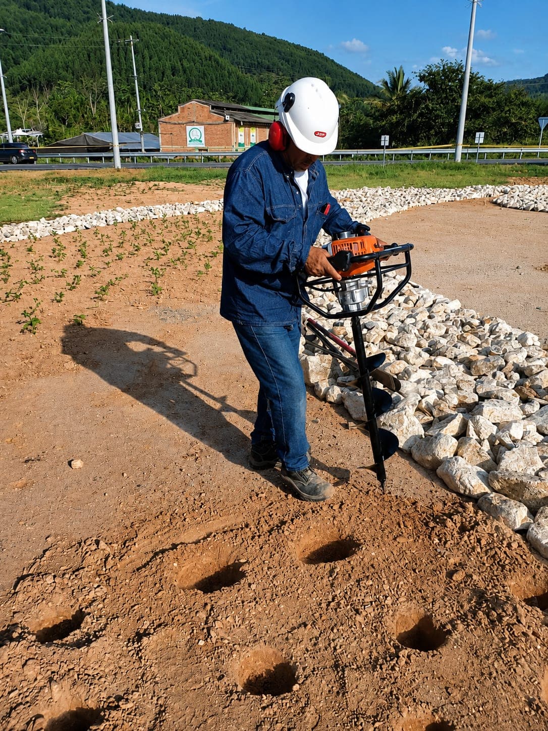 Close-up of a mechanical auger drilling the ground beside a pile of stone and freshly planted seedlings.