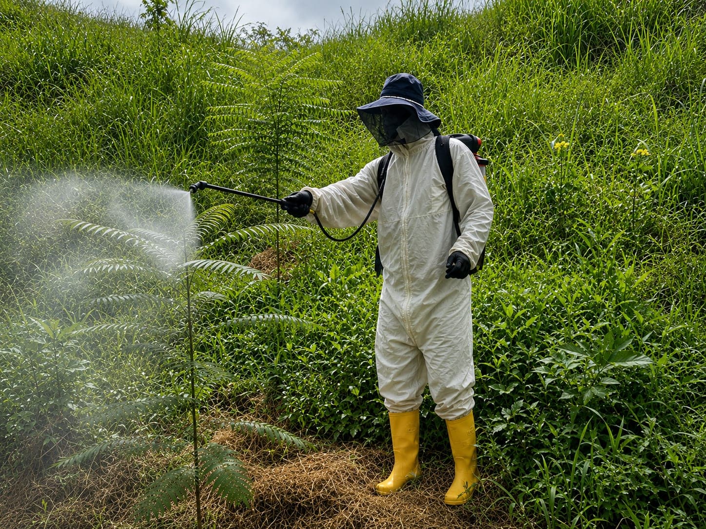 A worker in a protective suit, face shield and hand sprayer applies product to seedlings; the spray cloud is visible.