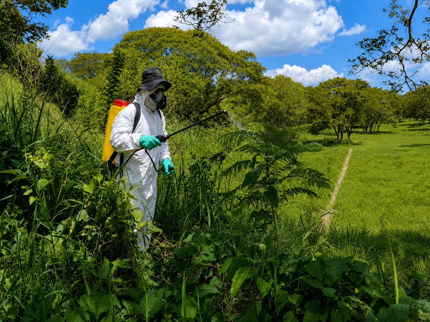 A worker in a protective suit, respirator and backpack sprayer applies treatment to vegetation in open ground.