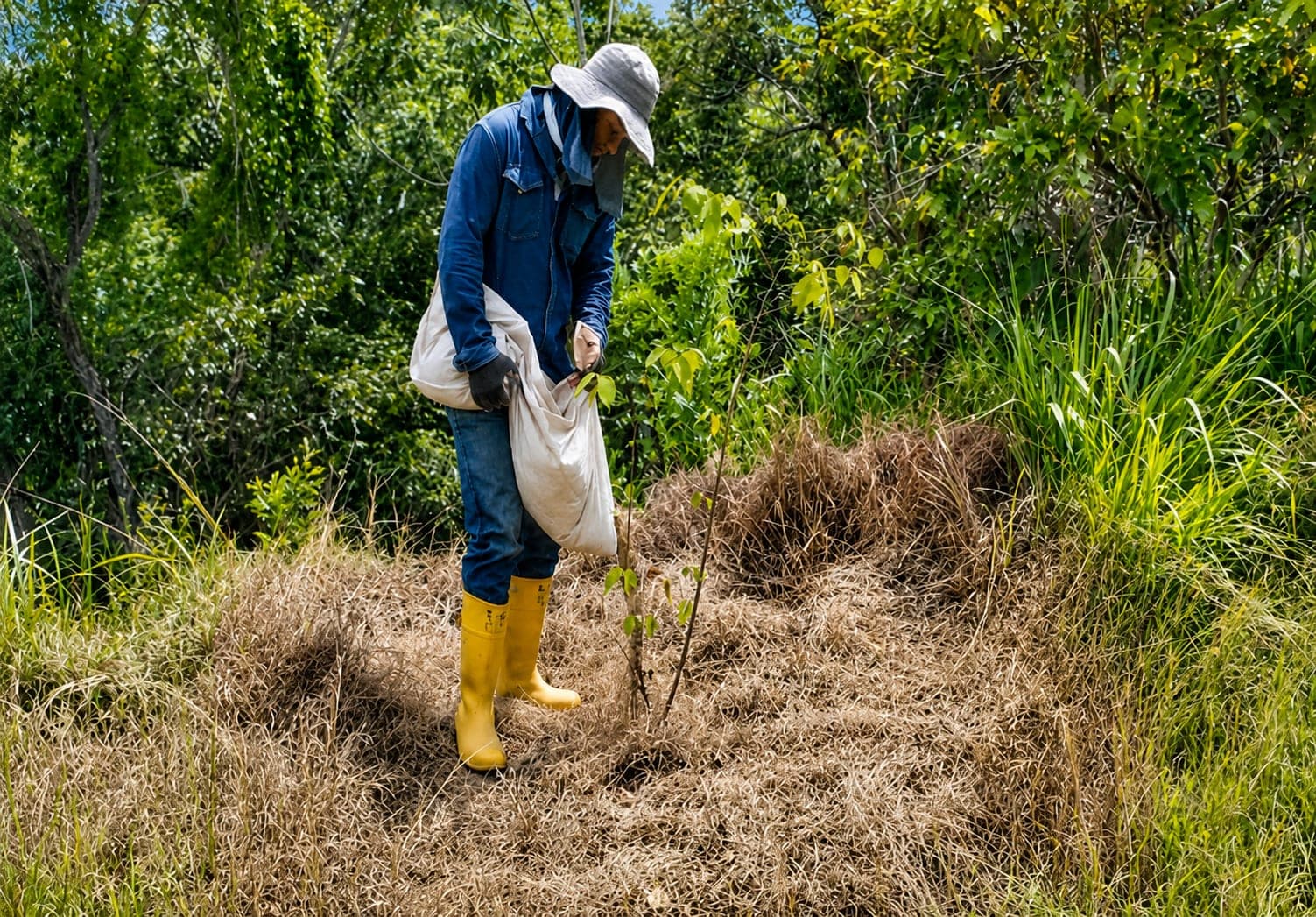 A worker in a hat and gloves checks a young tree surrounded by dry plant material during a maintenance day.
