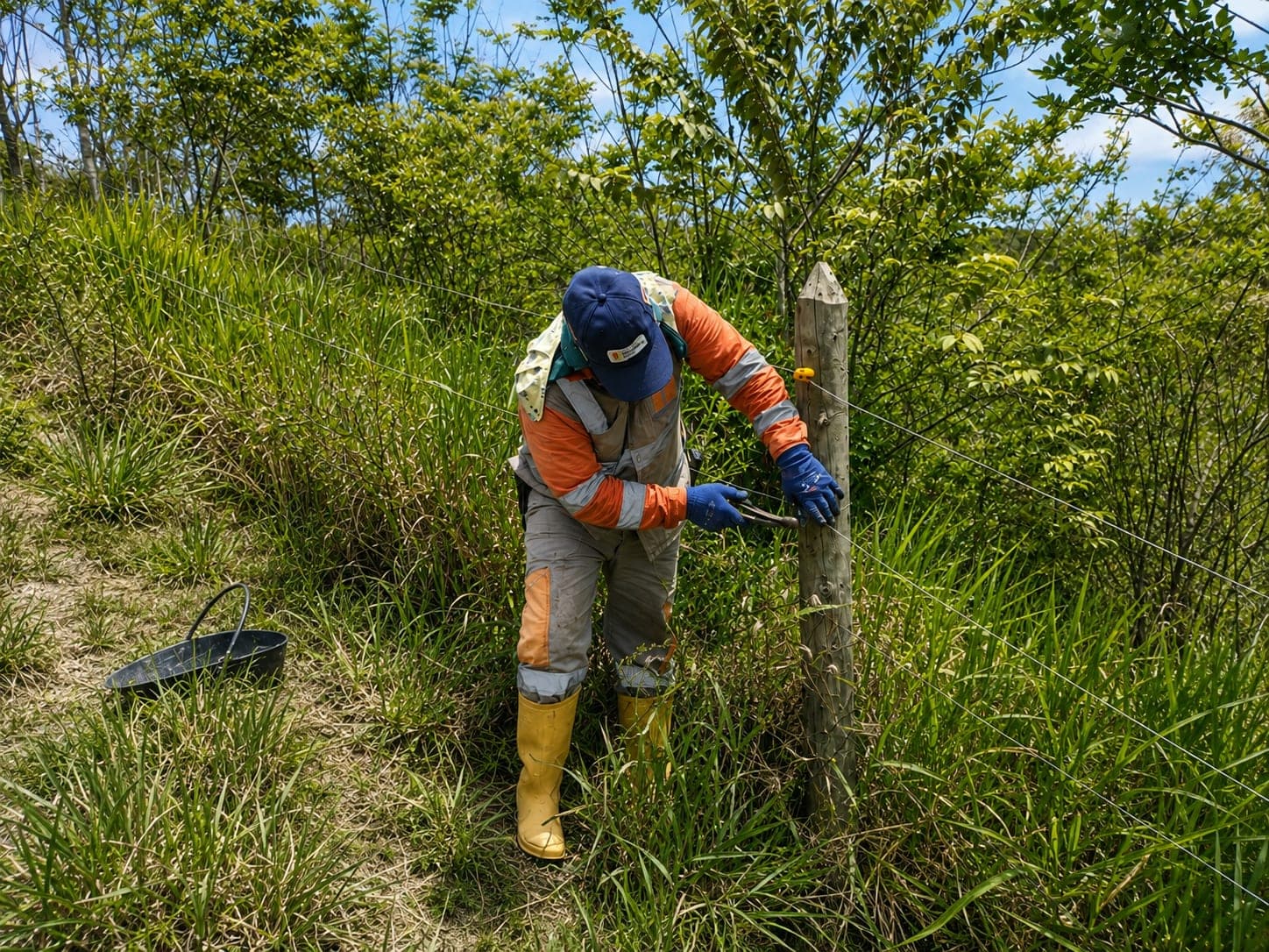 A worker in a reflective vest checks and marks an individual flagged with a stake amid tall vegetation.