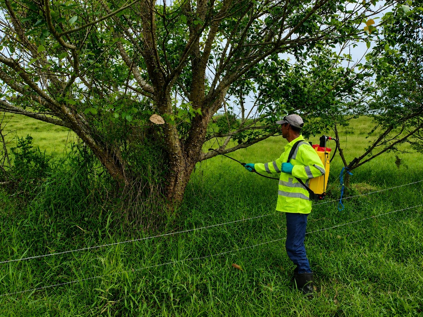 A worker in a reflective vest with a backpack pump beside a mature tree in a fenced pasture.