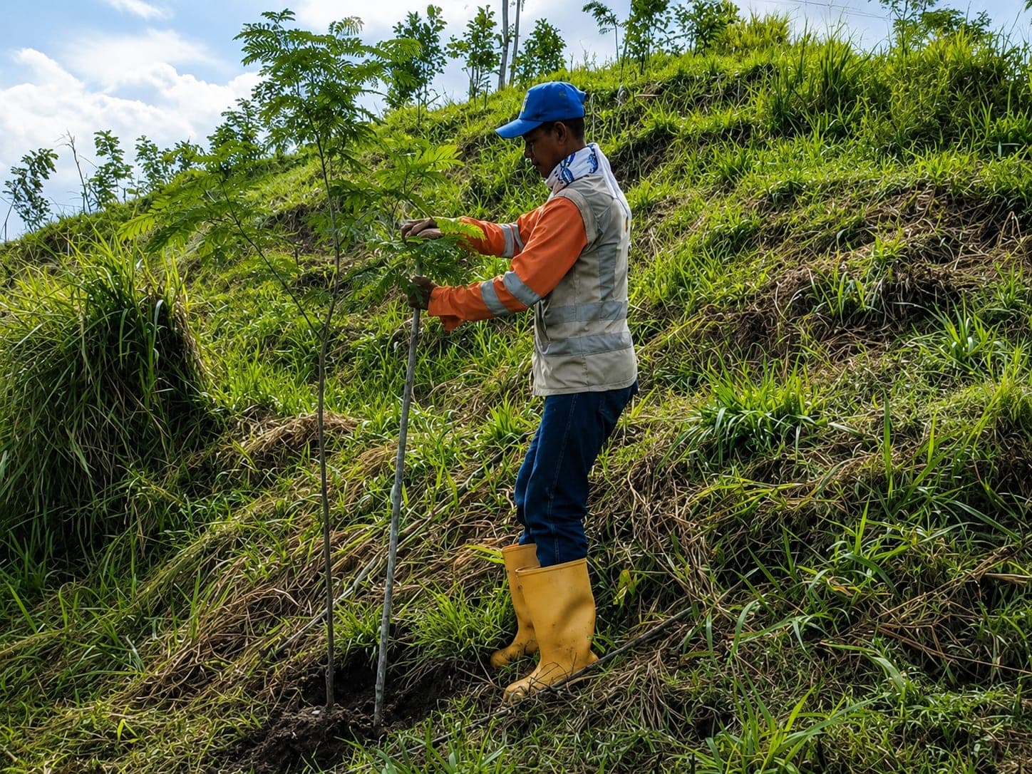 A BIOMADS worker secures a young plant on a slope of dense vegetation during a field day.