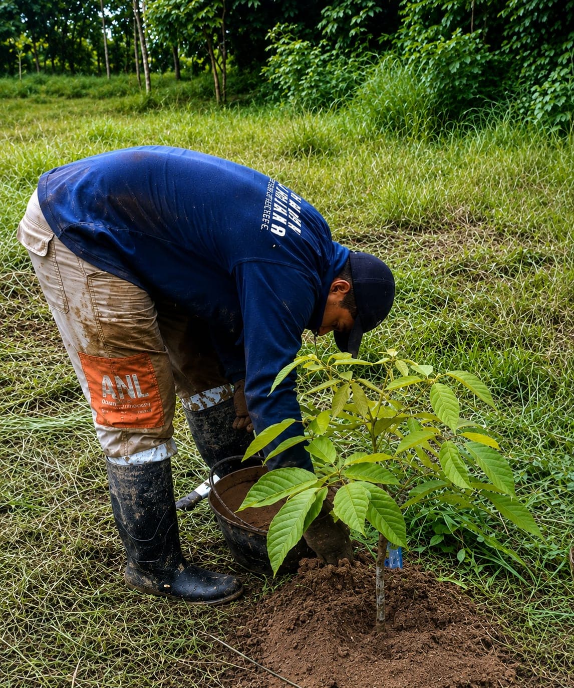 A crouching worker plants a young broad-leaved individual by hand, next to a bag of substrate.